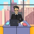 Businessman Boss CEO Cartoon Character at the desk with laptop Royalty Free Stock Photo